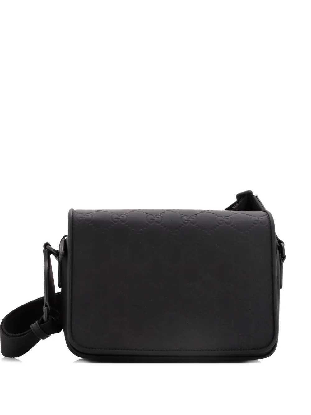 Pre-owned Gucci Flap Gg Rubber Effect Leather Medium Crossbody Bag In Black