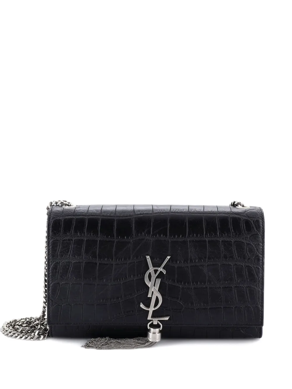 Pre-owned Saint Laurent Classic Monogram Tassel Crocodile Embossed Leather Medium Crossbody Bag In Black