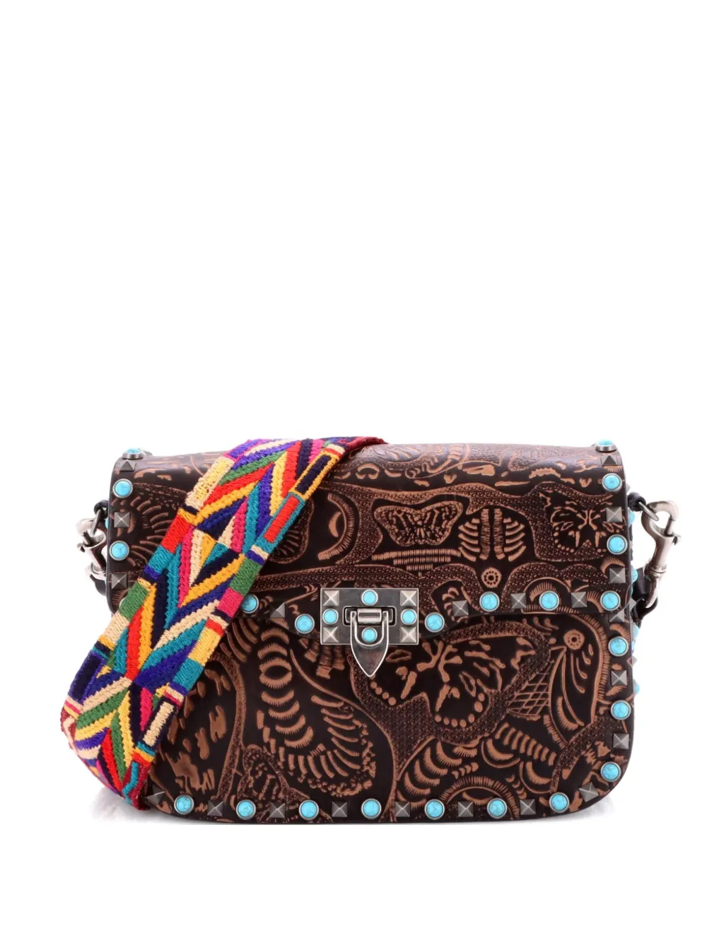 Valentino Garavani Pre-Owned Rolling Rockstud Santeria Embossed Leather with Cabochons Medium crossbody bag - Marrone