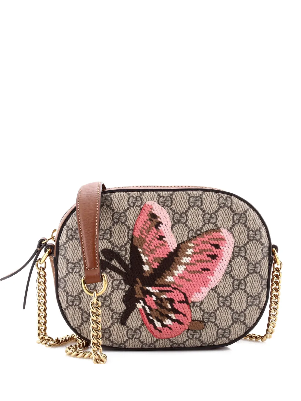 Pre-owned Gucci Chain Embroidered Gg Coated Canvas Mini Crossbody Bag In Brown