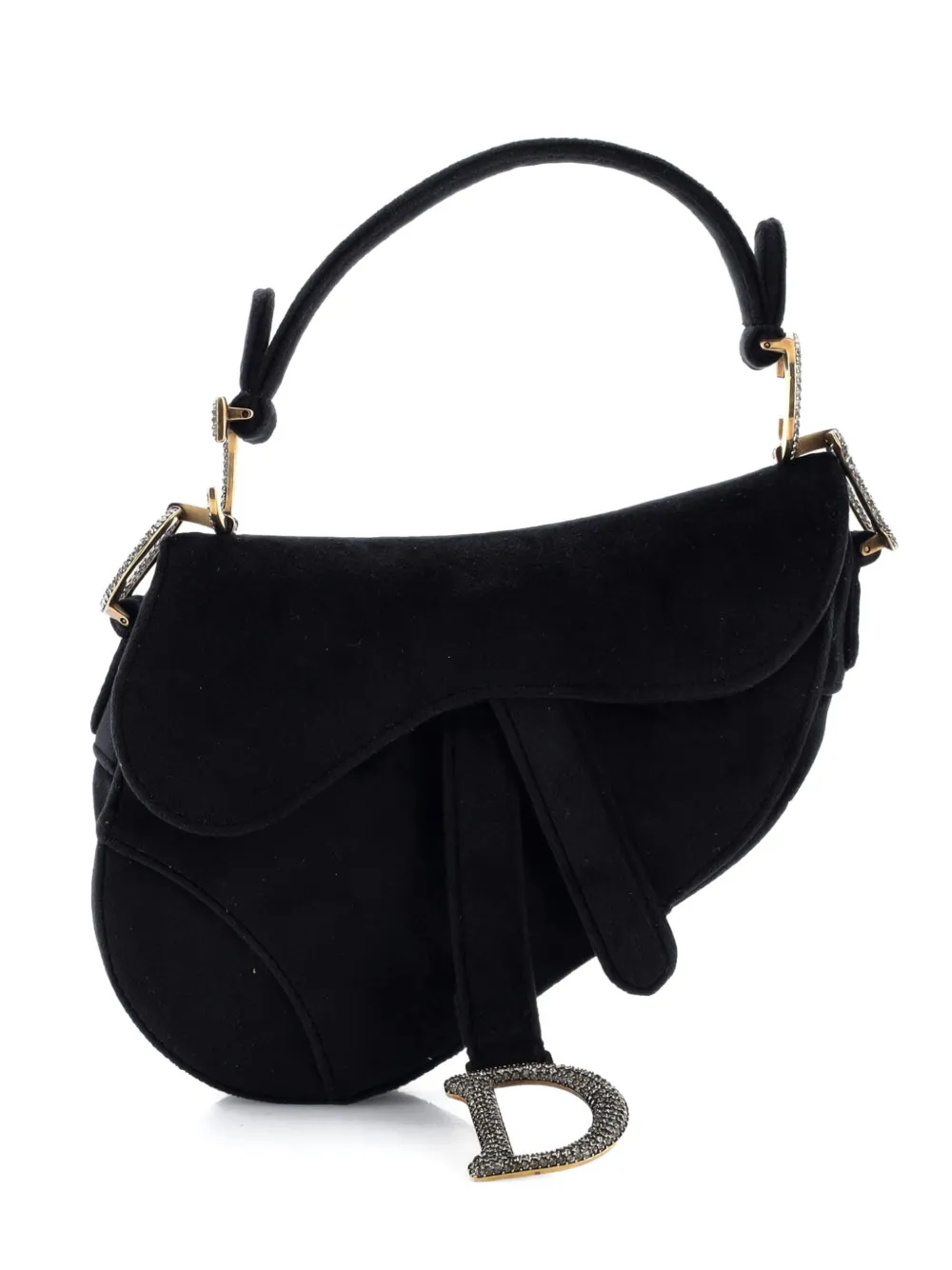 Pre-owned Dior Saddle Handbag Velvet With Crystals Mini Shoulder Bag In Black