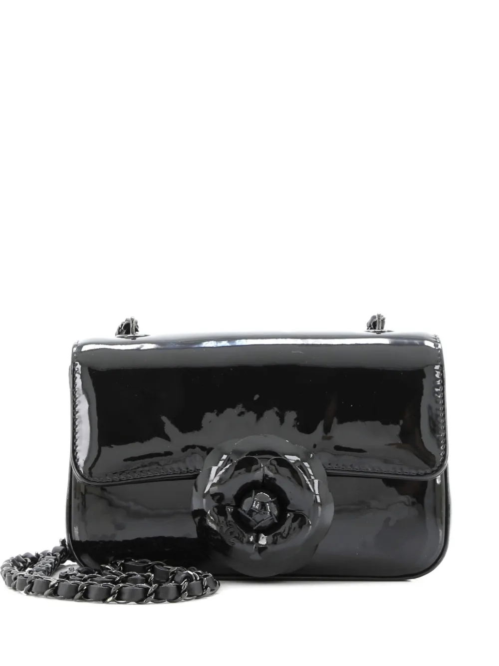 Pre-owned Chanel Camellia Flap Bag Patent Mini Shoulder Bag In Black