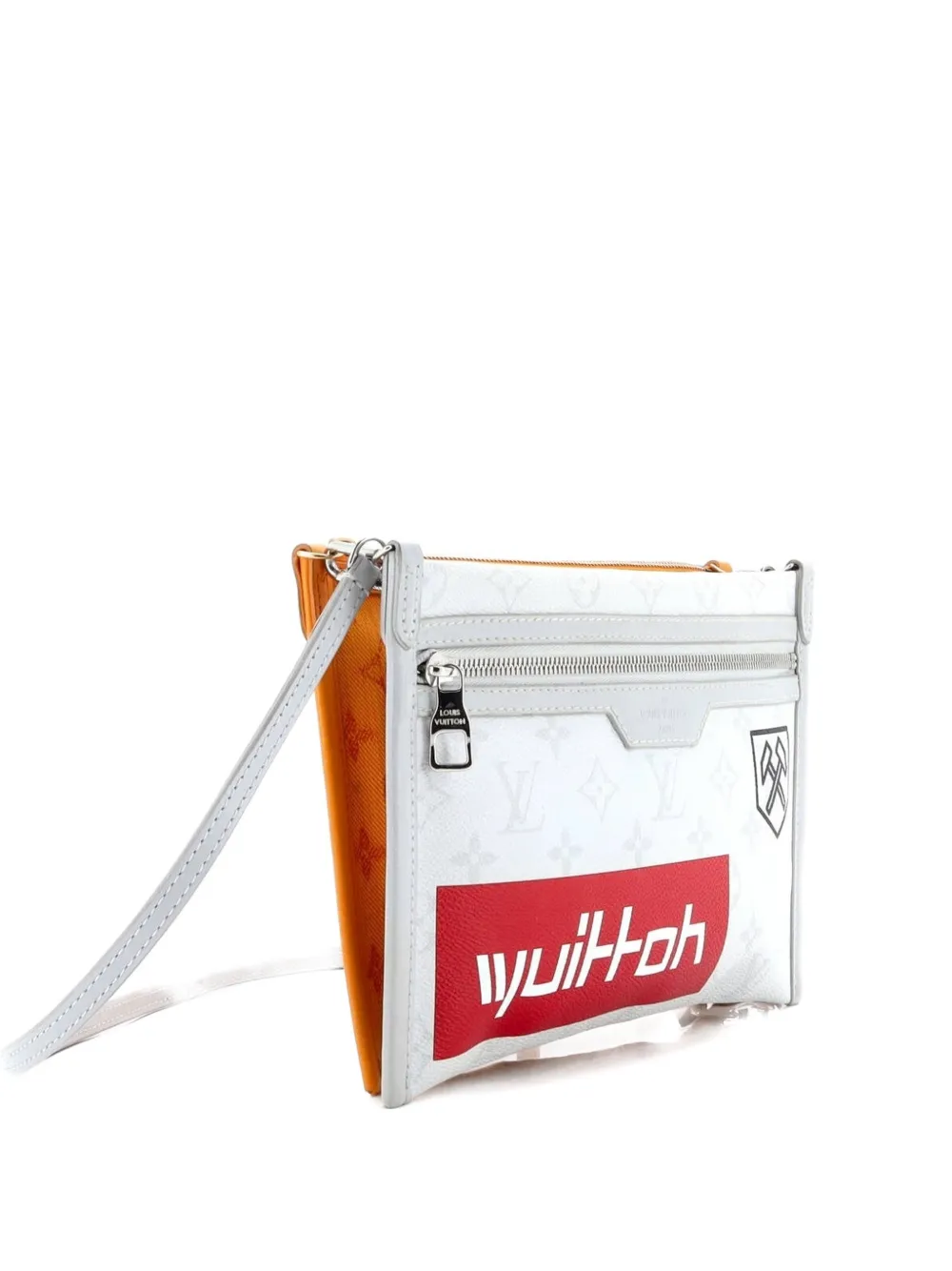 Pre-owned Louis Vuitton Double Flat Messenger Bag Limited Edition Logo Story Monogram Canvas And Denim Crossbody Bag In Gray