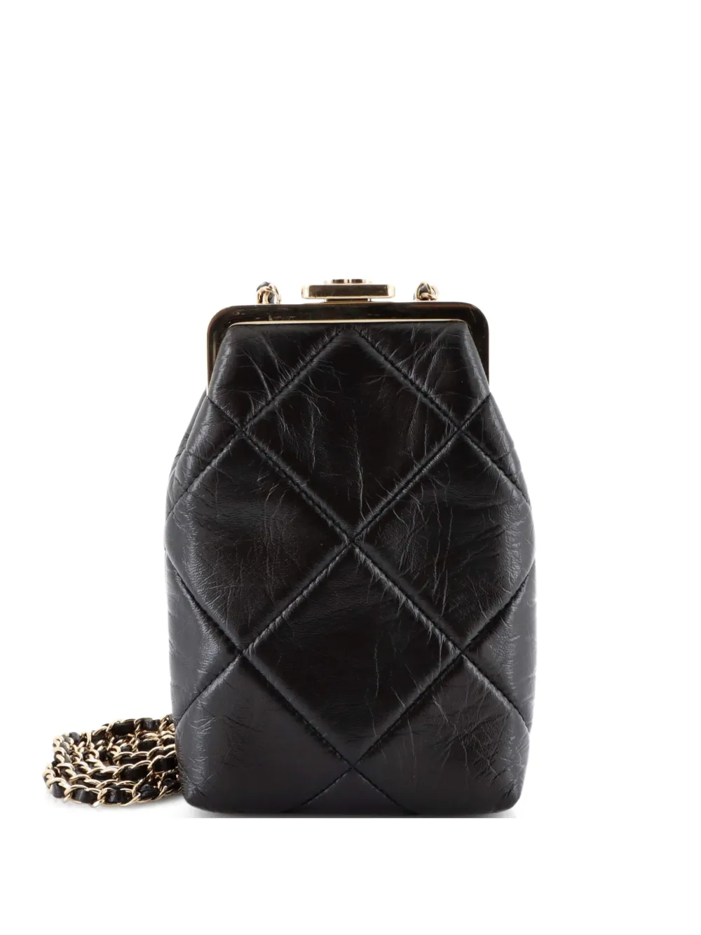 Pre-owned Chanel Cc Kisslock Frame Clutch With Chain Quilted Lambskin Small Crossbody Bag In Black
