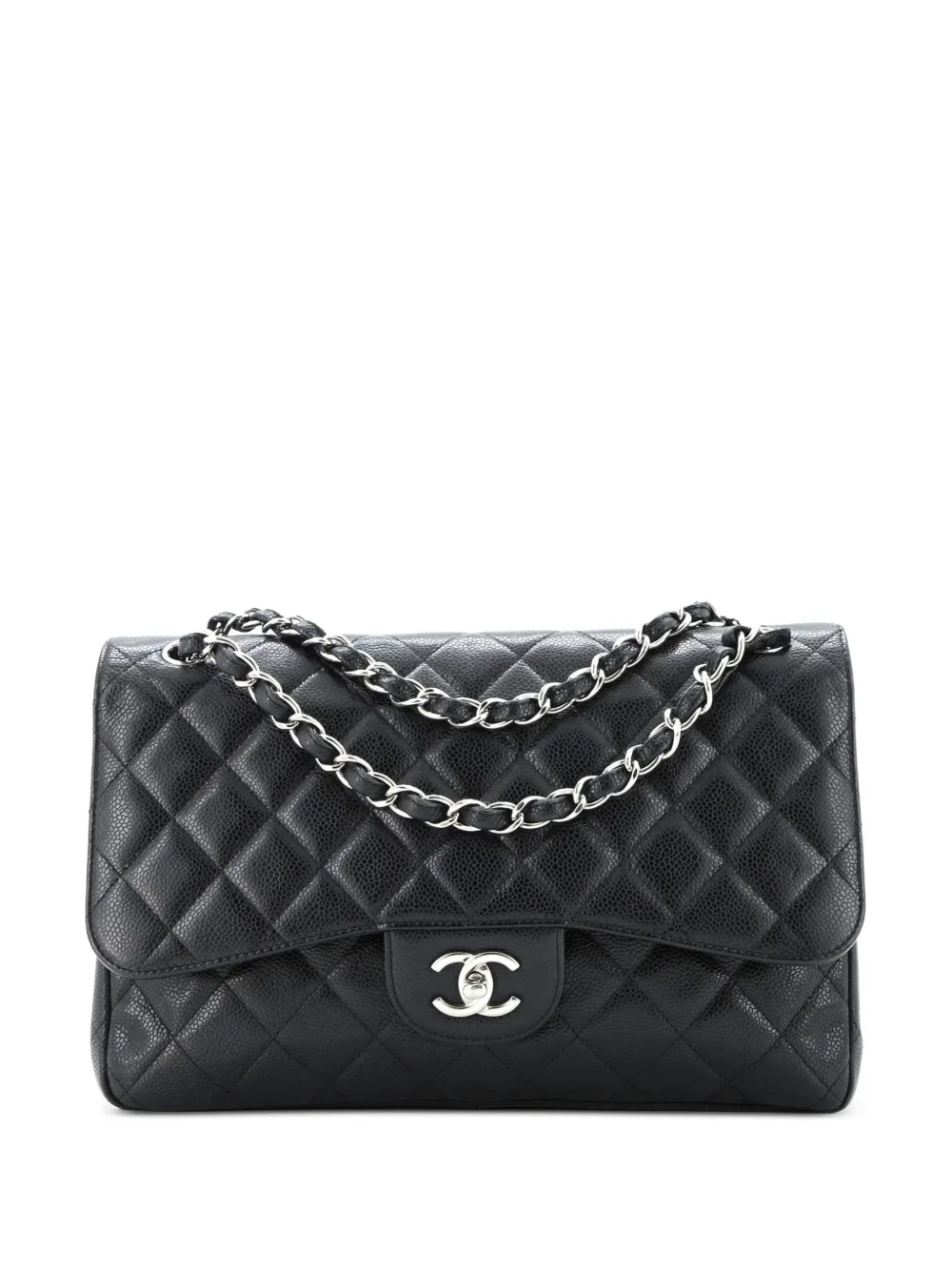 Pre-owned Chanel Classic Double Flap Bag Quilted Caviar Jumbo Shoulder Bag In Black