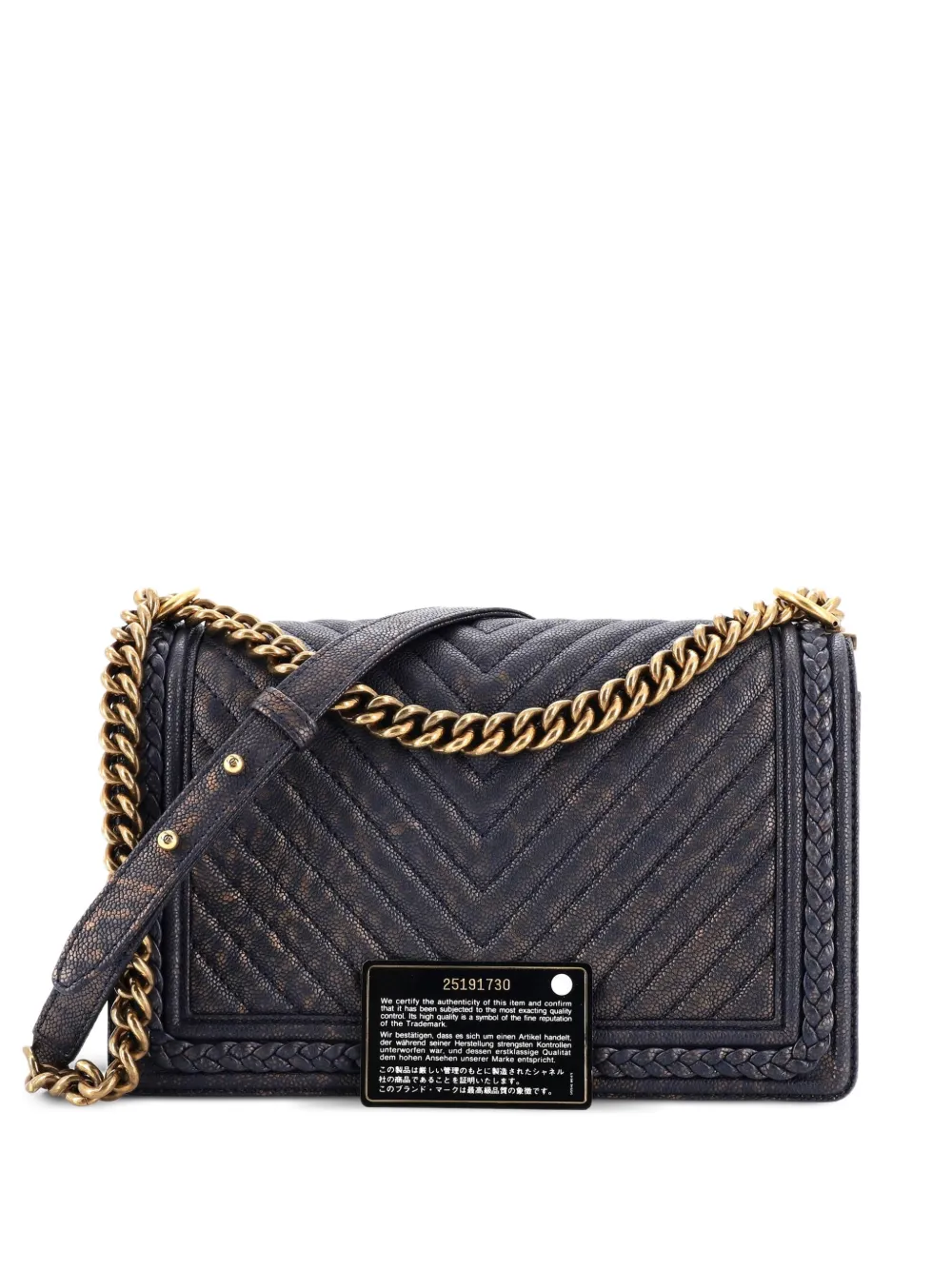 Pre-owned Chanel Braided Boy Flap Bag Patinated Chevron Caviar New Medium Shoulder Bag In Blue