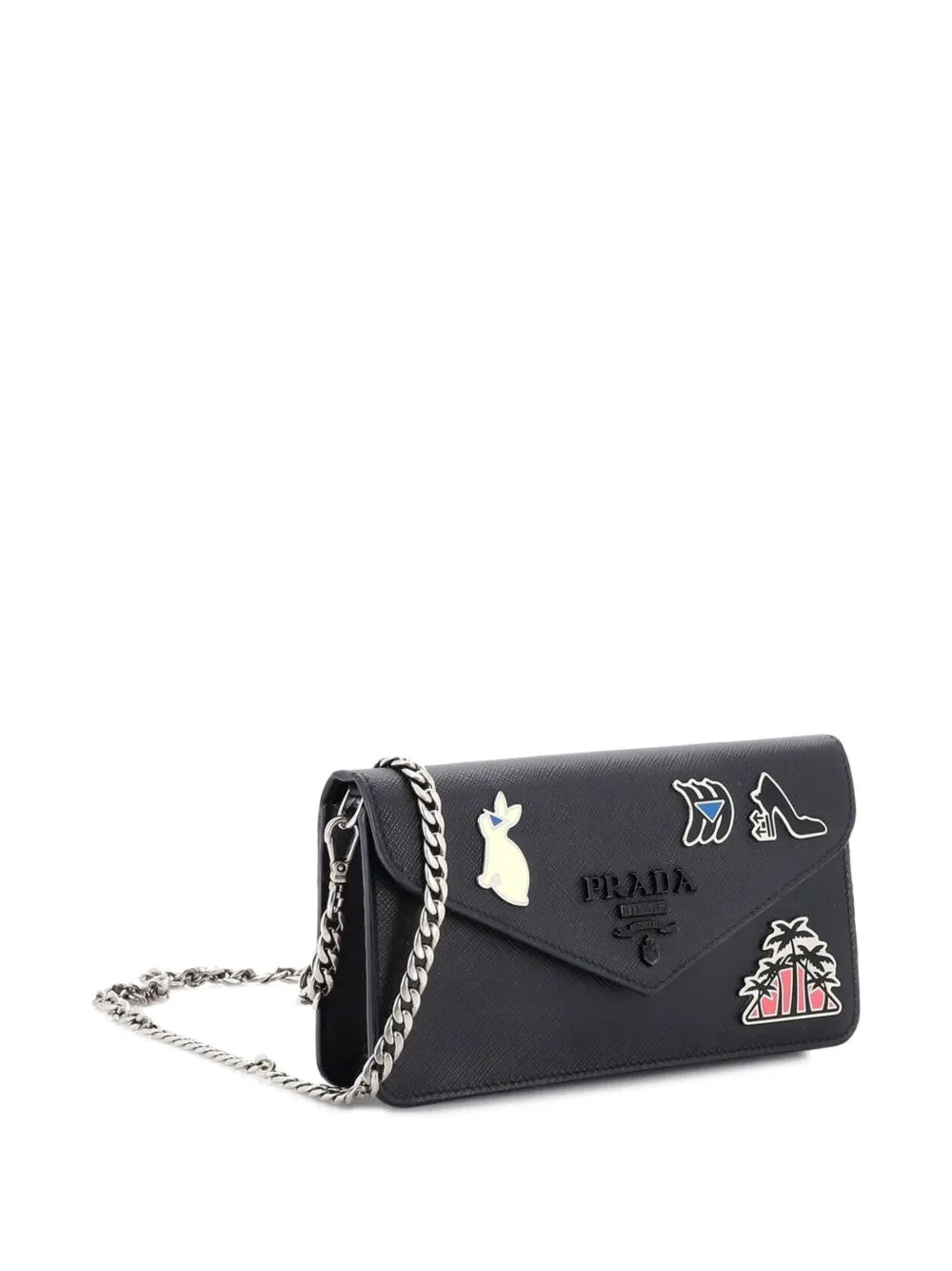 PRADA Pre-owned Monochrome Wallet On Chain Embellished Saffiano Leather Small Crossbody Bag In Black