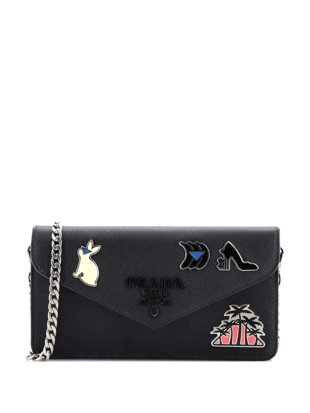 Pre-owned Prada Monochrome Wallet On Chain Embellished Saffiano Leather Small Crossbody Bag In Black