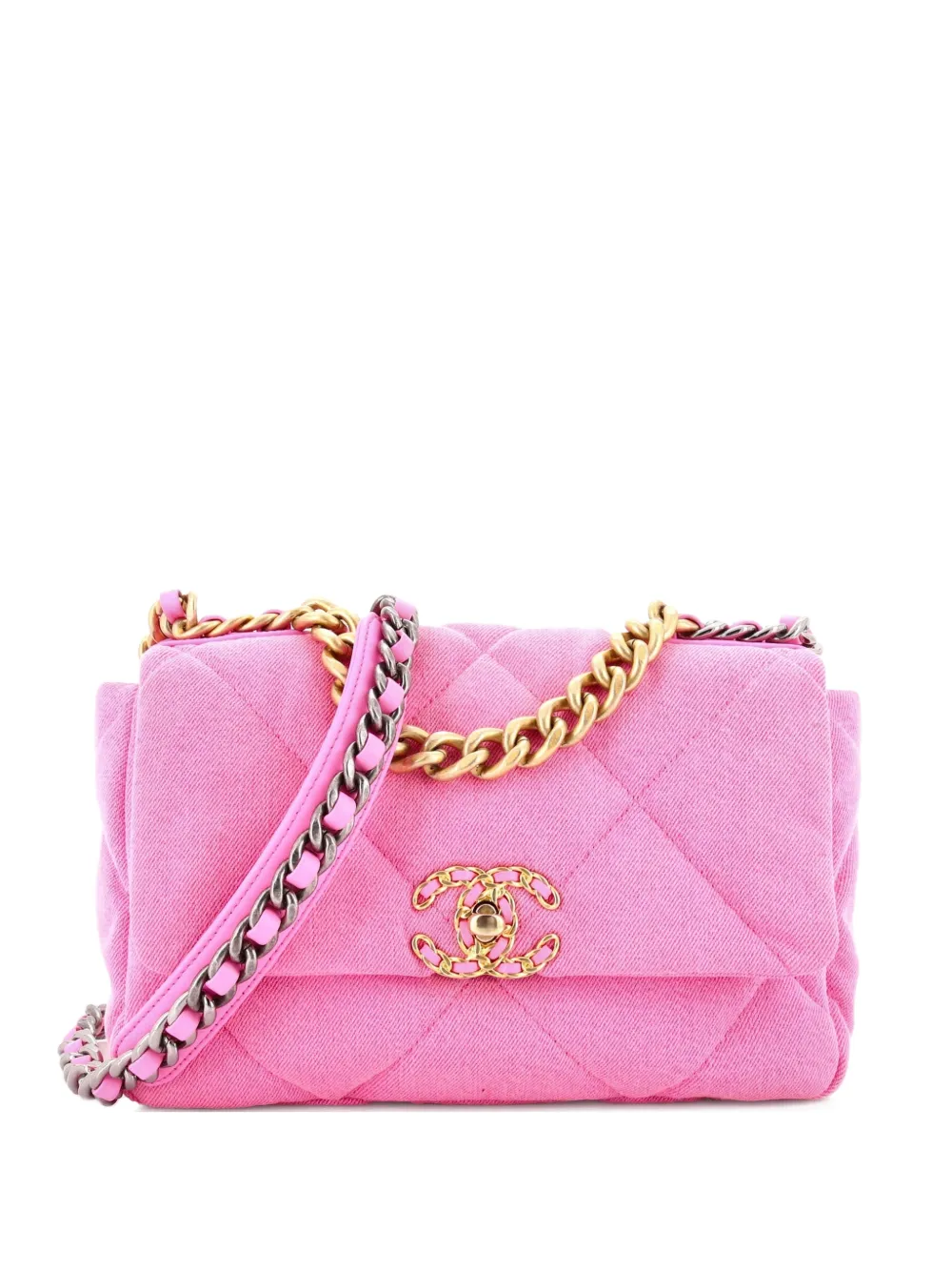 Pre-owned Chanel 19 Flap Bag Quilted Denim Medium Shoulder Bag In Pink