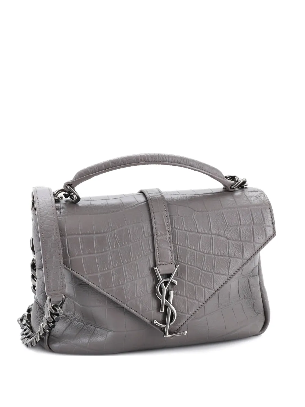 Pre-owned Saint Laurent Classic Monogram College Bag Crocodile Embossed Leather Medium Satchel In Gray