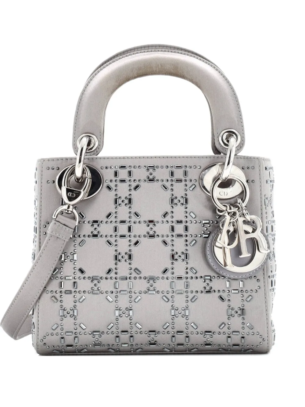 Pre-owned Dior Lady  Bag Crystal Embellished Cannage Quilt Satin Mini Satchel In Gray