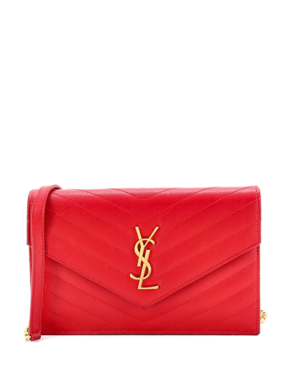 Pre-owned Saint Laurent Classic Monogram Wallet On Chain Matelasse Chevron Leather Small Crossbody Bag In Red