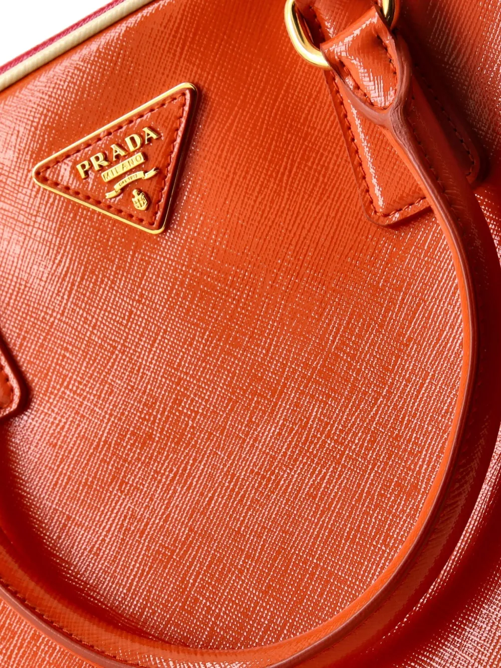 Pre-owned Prada Pyramid Top Handle Bag Vernice Saffiano Leather Medium Satchel In Orange