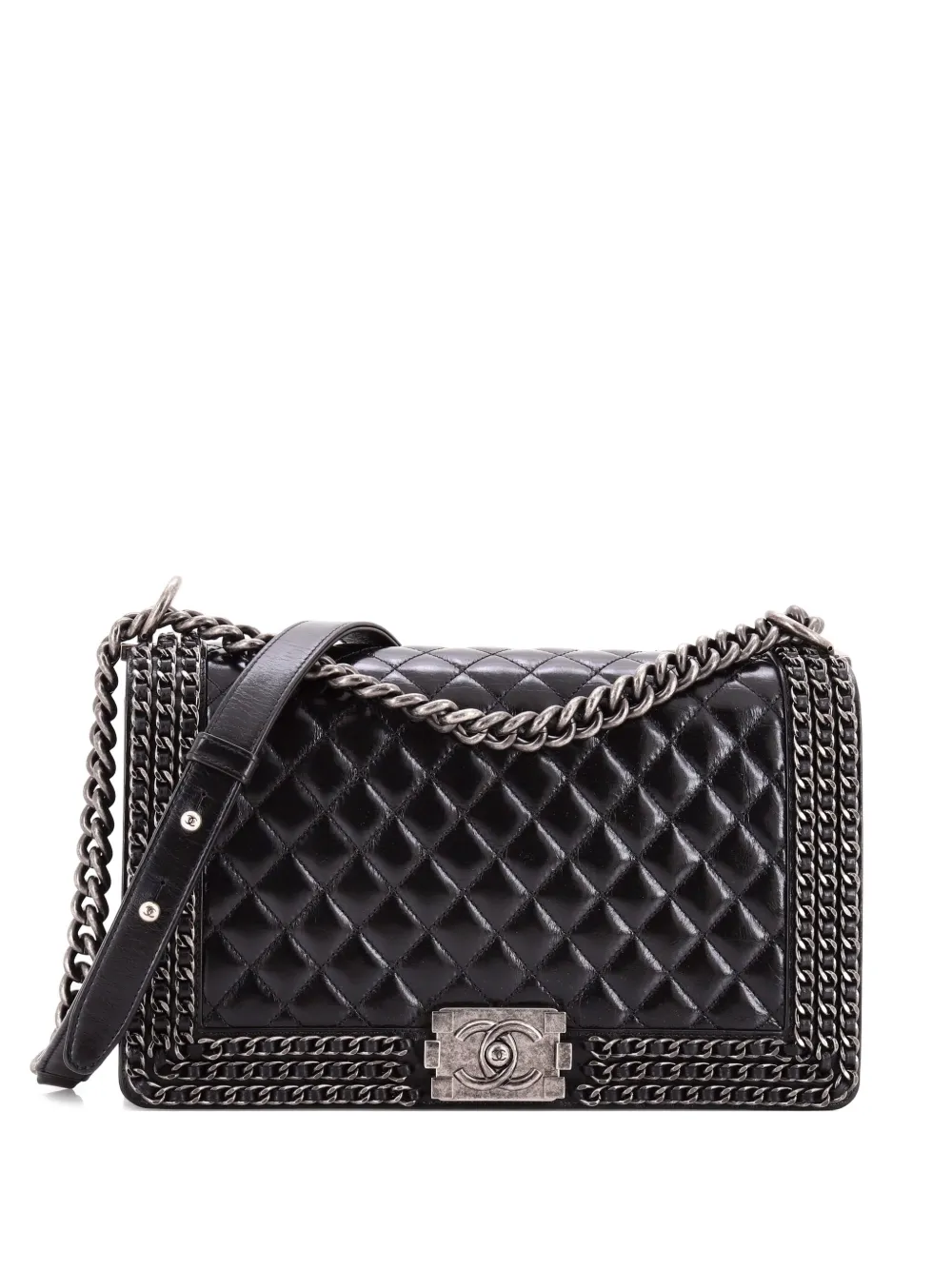 Pre-owned Chanel Chained Boy Flap Bag Quilted Glazed Calfskin New Medium Shoulder Bag In Black