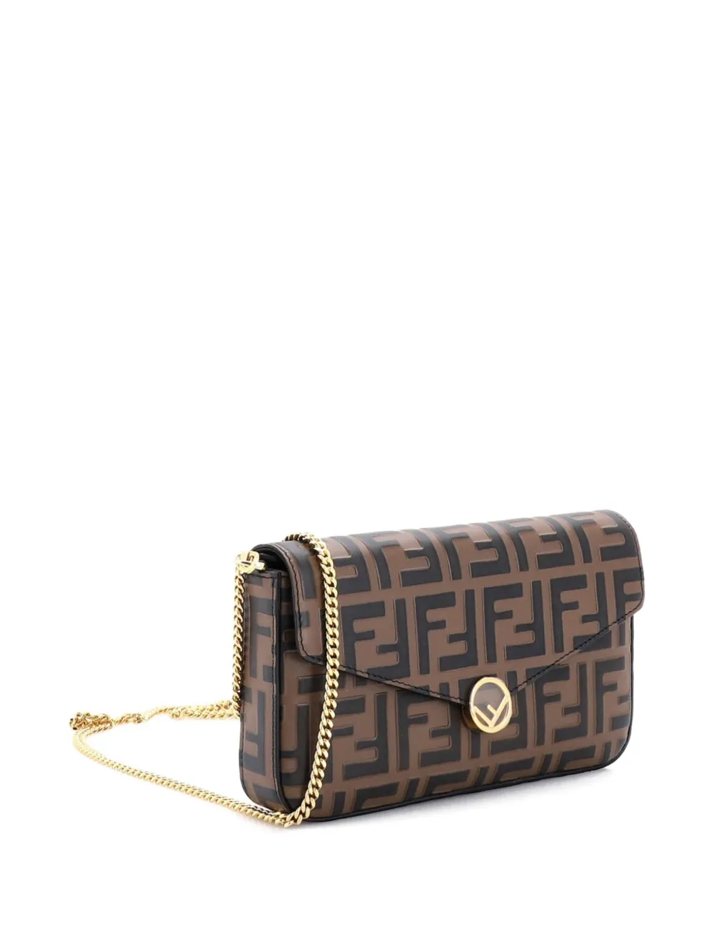 Pre-owned Fendi F Is  Envelope On Chain Zucca Embossed Leather Clutch Bag In Brown