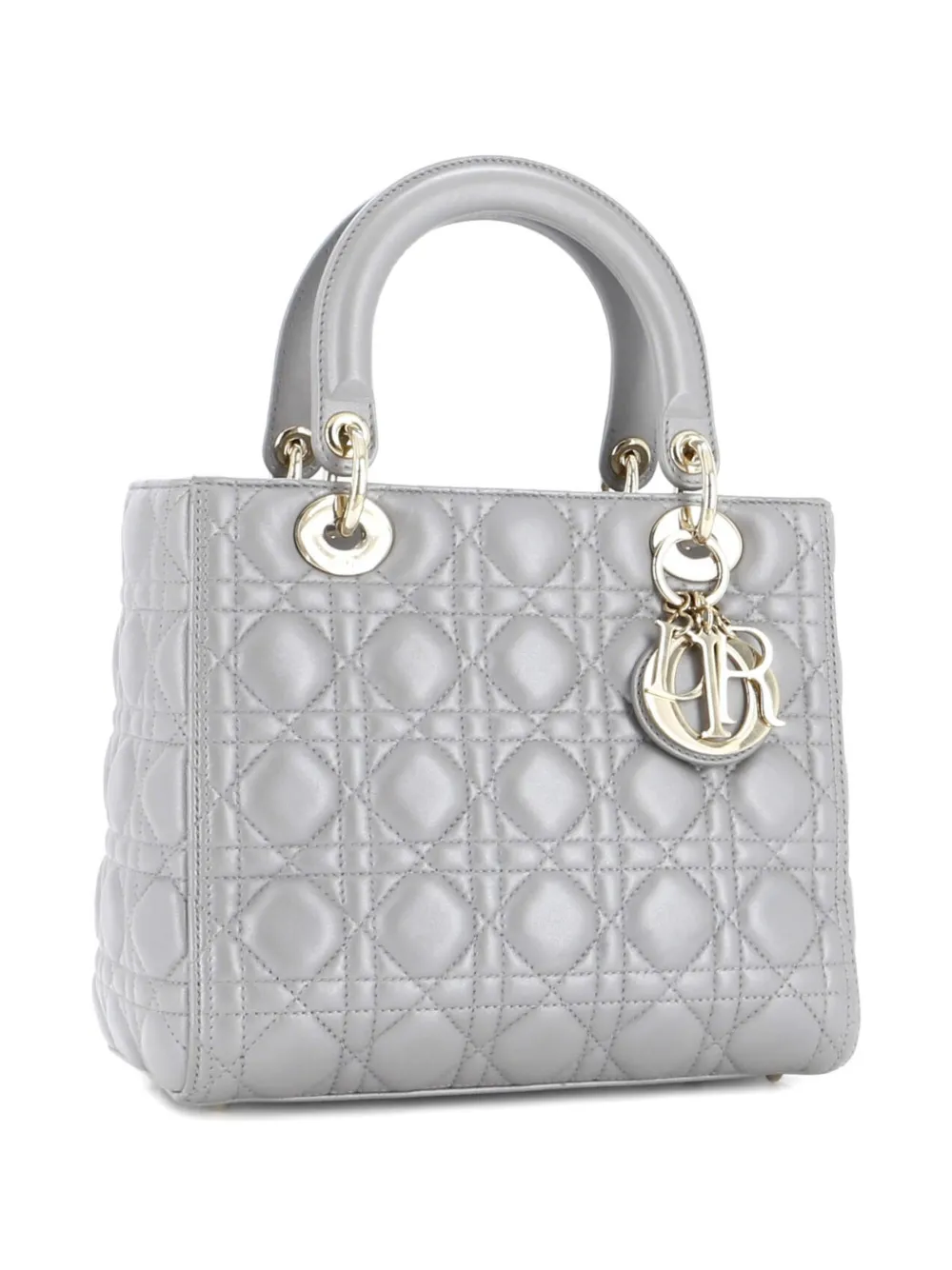 DIOR Pre-owned Lady Bag Cannage Quilt Lambskin Medium Satchel In Gray