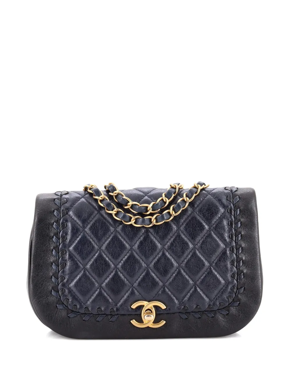 Pre-owned Chanel Bicolor Braided Saddle Flap Bag Quilted Lambskin Small Crossbody Bag In Black