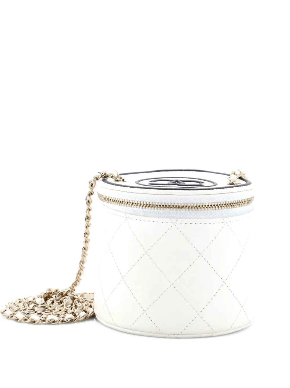 Pre-owned Chanel Cc Round Vanity Case With Chain Quilted Lambskin Mini Clutch Bag In White