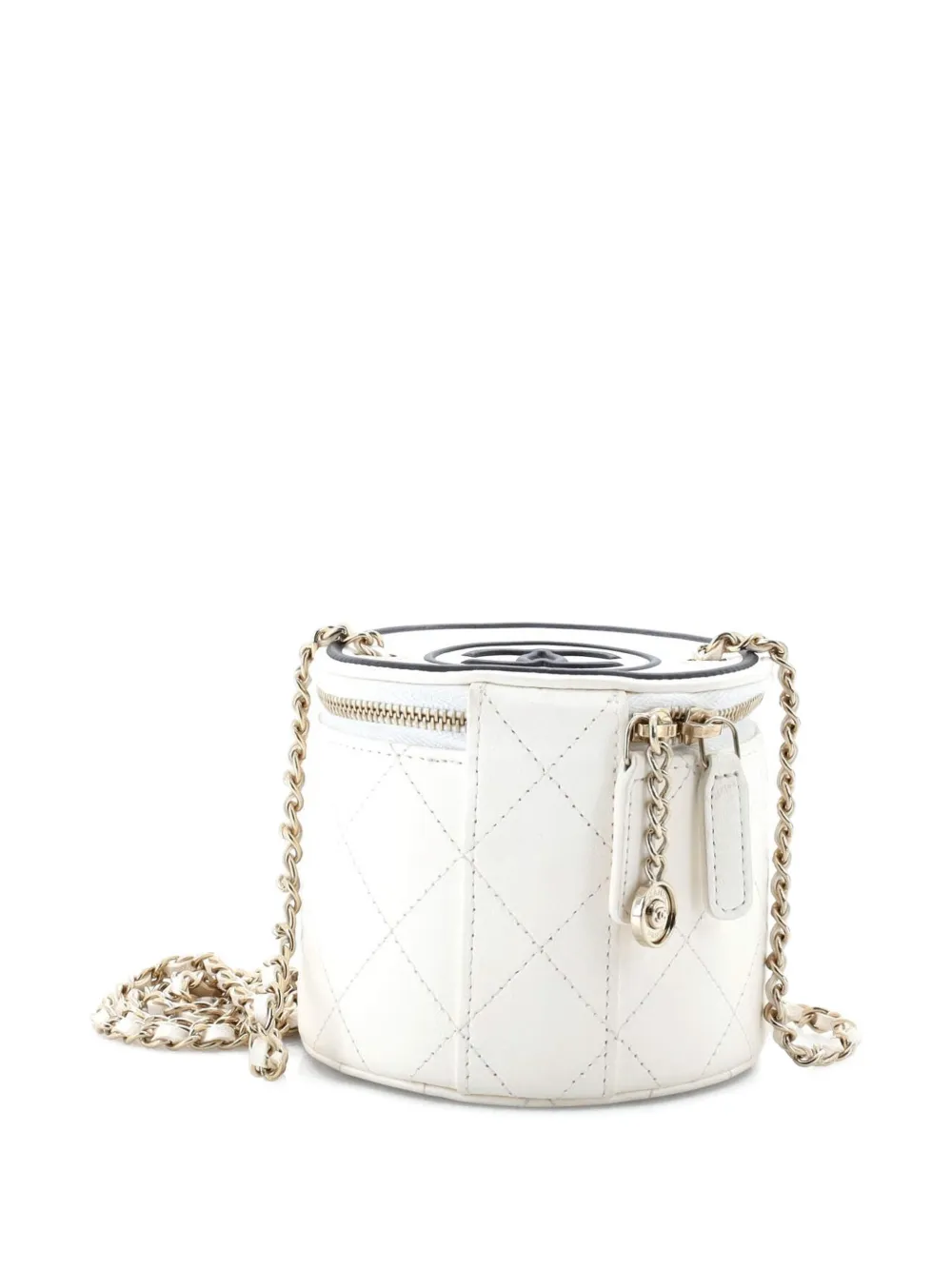 CHANEL Pre-owned Cc Round Vanity Case With Chain Quilted Lambskin Mini Clutch Bag In White