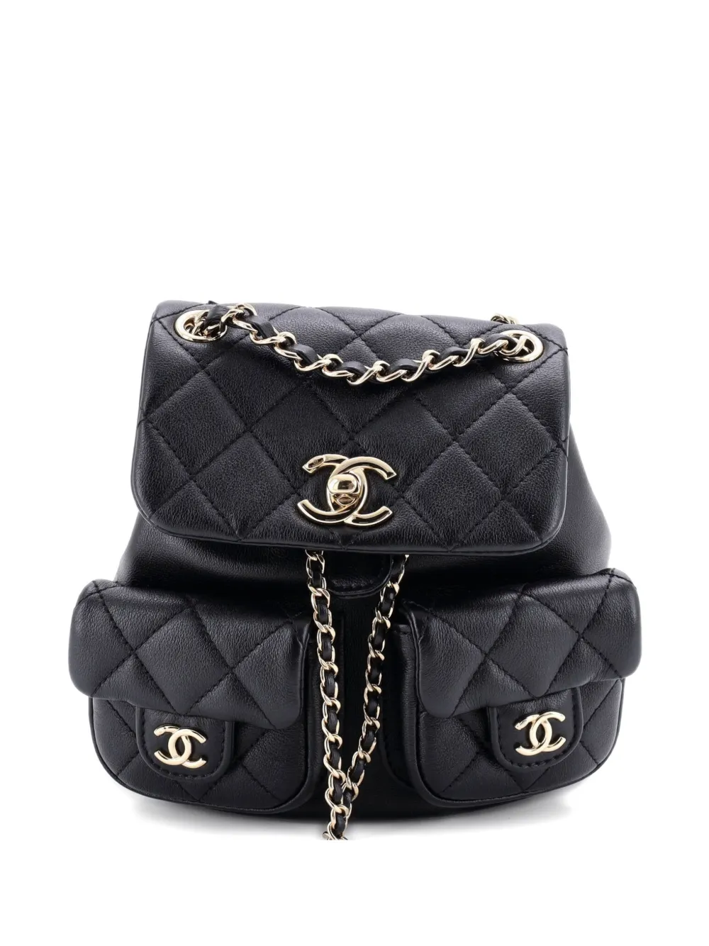 Pre-owned Chanel Duma Pockets Drawstring Quilted Calfskin Small Backpack In Black