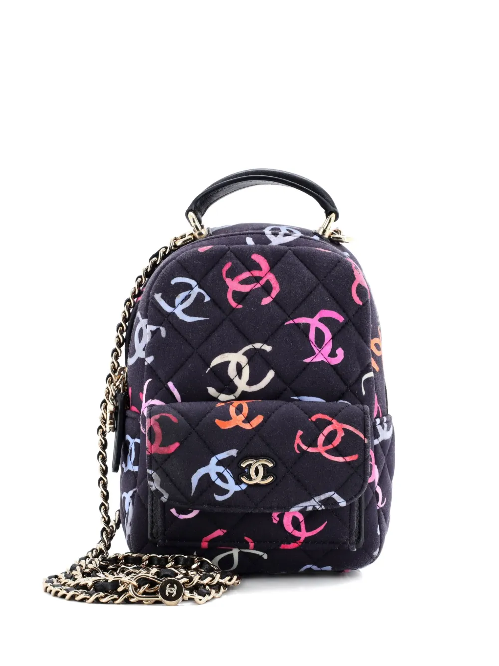 Pre-owned Chanel Classic Cc Chain Pocket Quilted Cc Printed Fabric Mini Backpack In Blue