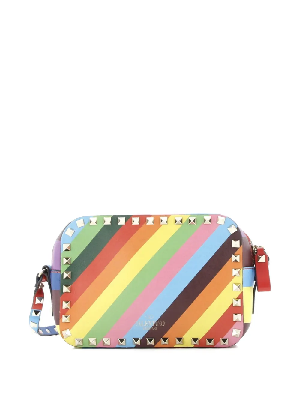 Valentino Garavani Pre-Owned Rockstud 1973 Camera Striped Leather crossbody bag - Blu