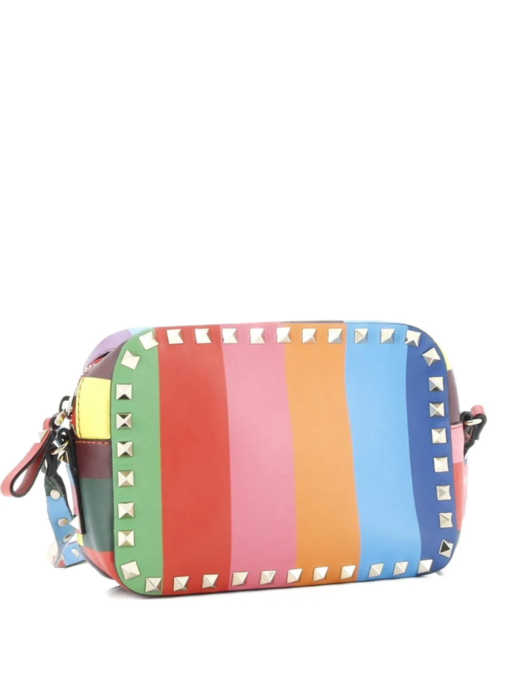 Pre-owned Valentino Garavani Rockstud 1973 Camera Striped Leather Crossbody Bag In Blue