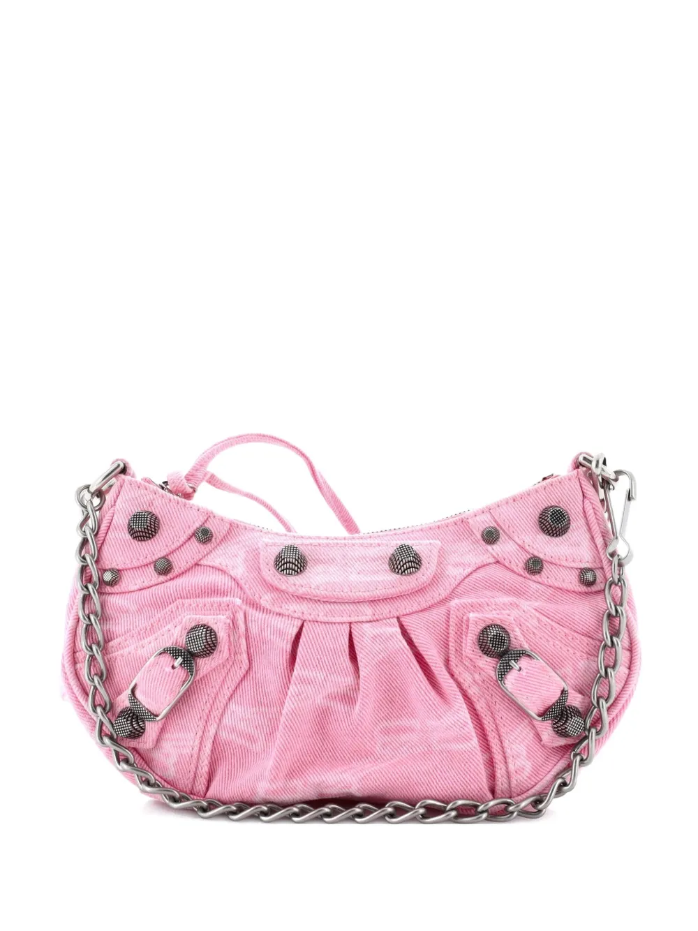 Pre-owned Balenciaga Le Cagole Giant Studs Shoulder Bag Bb Monogram Denim Mini Hobo Bag In Pink
