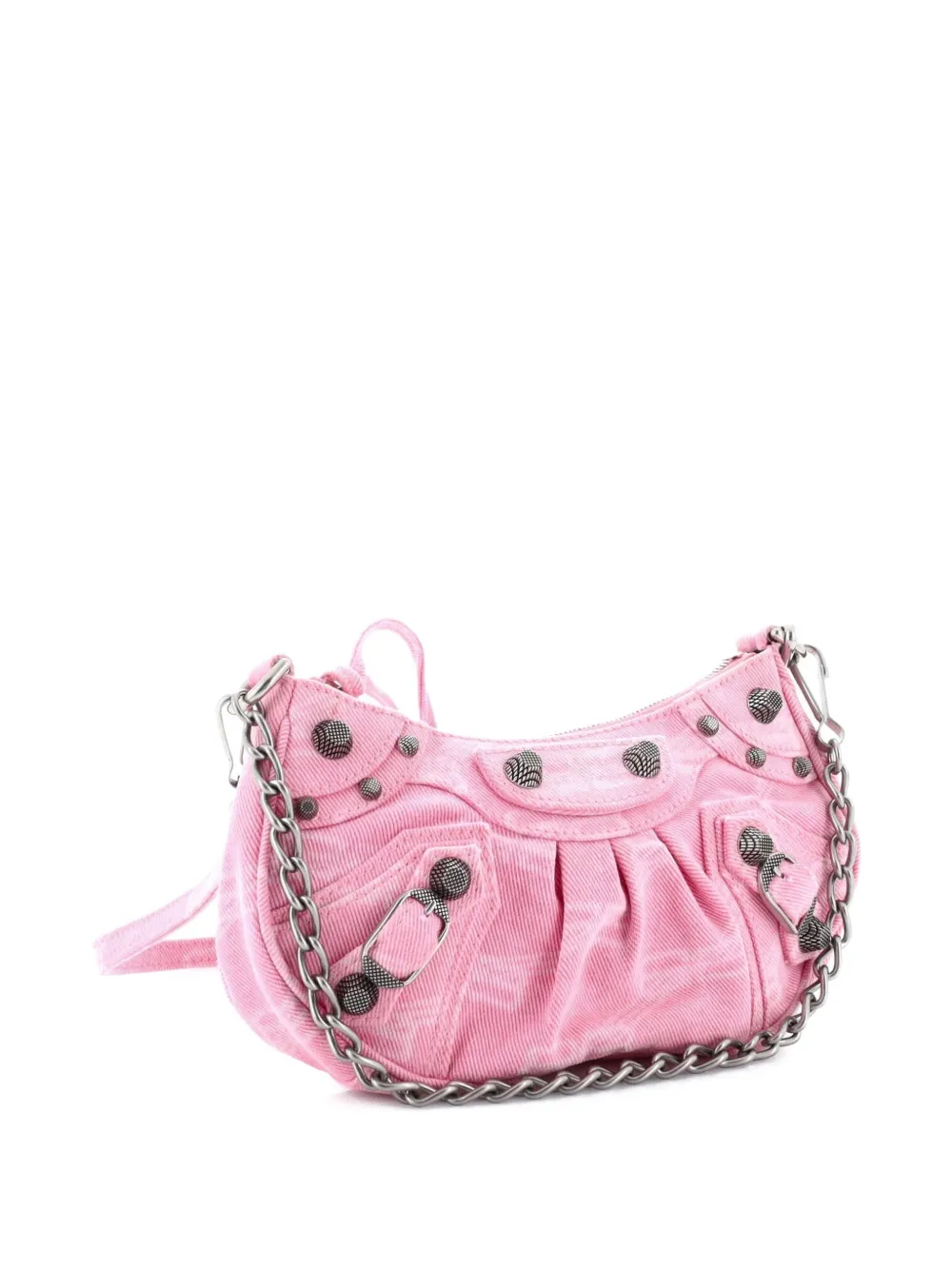 Pre-owned Balenciaga Le Cagole Giant Studs Shoulder Bag Bb Monogram Denim Mini Hobo Bag In Pink