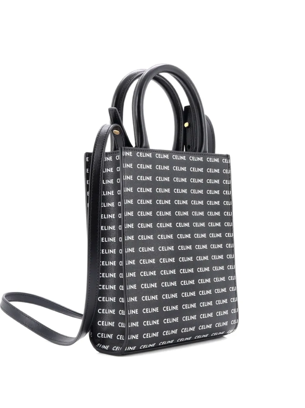 Pre-owned Celine Vertical Cabas All Over Logo Print Leather Mini Tote Bag In Black