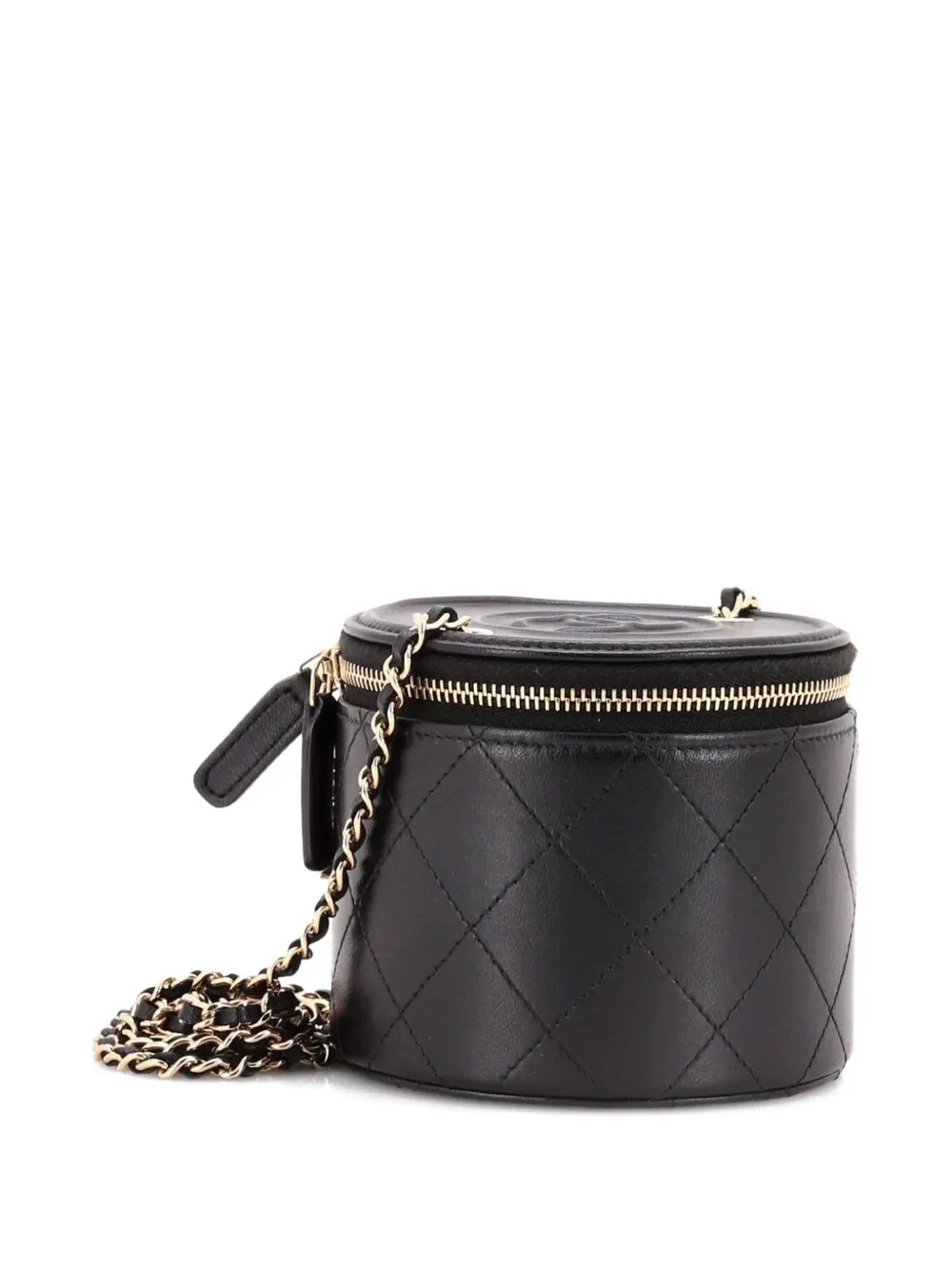 Pre-owned Chanel Cc Round Vanity Case With Chain Quilted Lambskin Mini Clutch Bag In Black