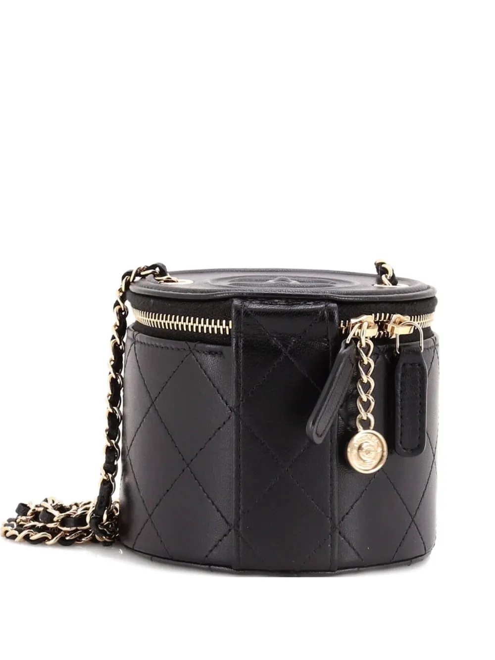 Pre-owned Chanel Cc Round Vanity Case With Chain Quilted Lambskin Mini Clutch Bag In Black