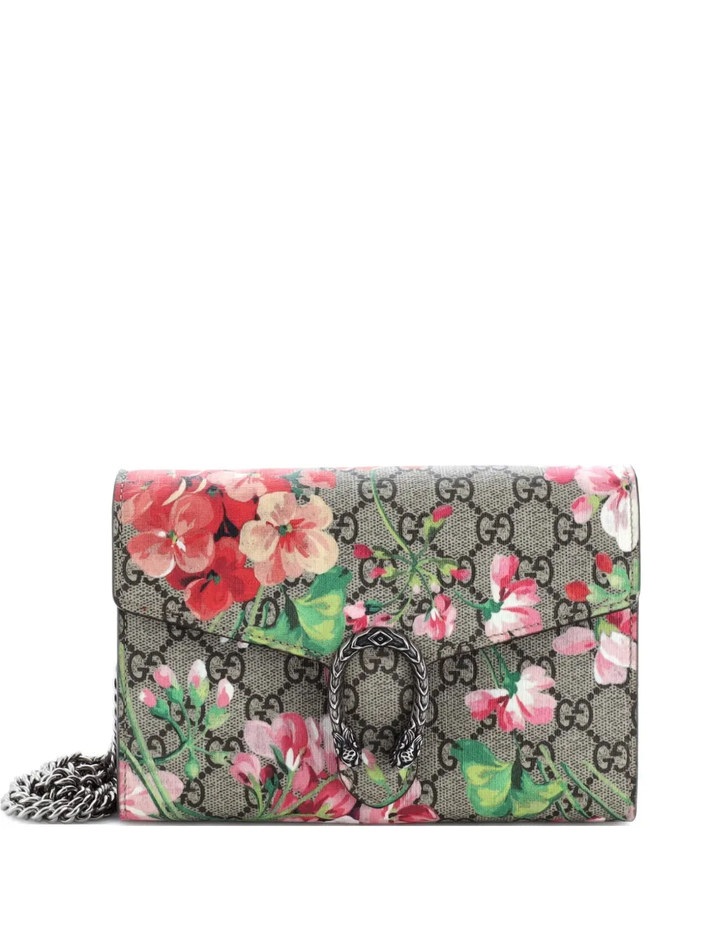 Pre-owned Gucci Dionysus Chain Wallet Blooms Print Gg Coated Canvas Small Crossbody Bag In Brown
