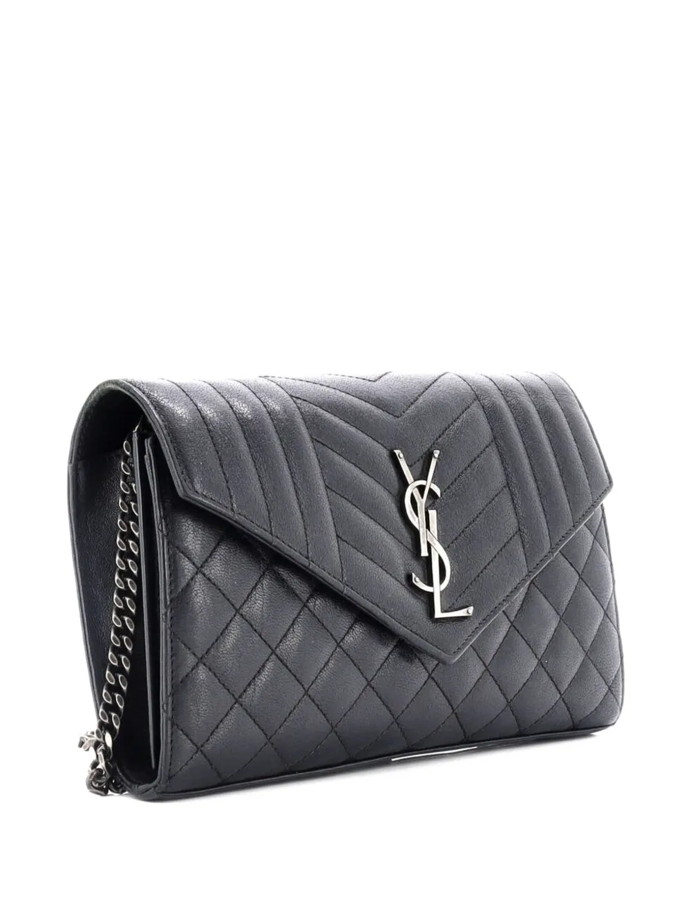 Pre-owned Saint Laurent Classic Monogram Chain Wallet Mixed Matelasse Leather Medium Crossbody Bag In Black