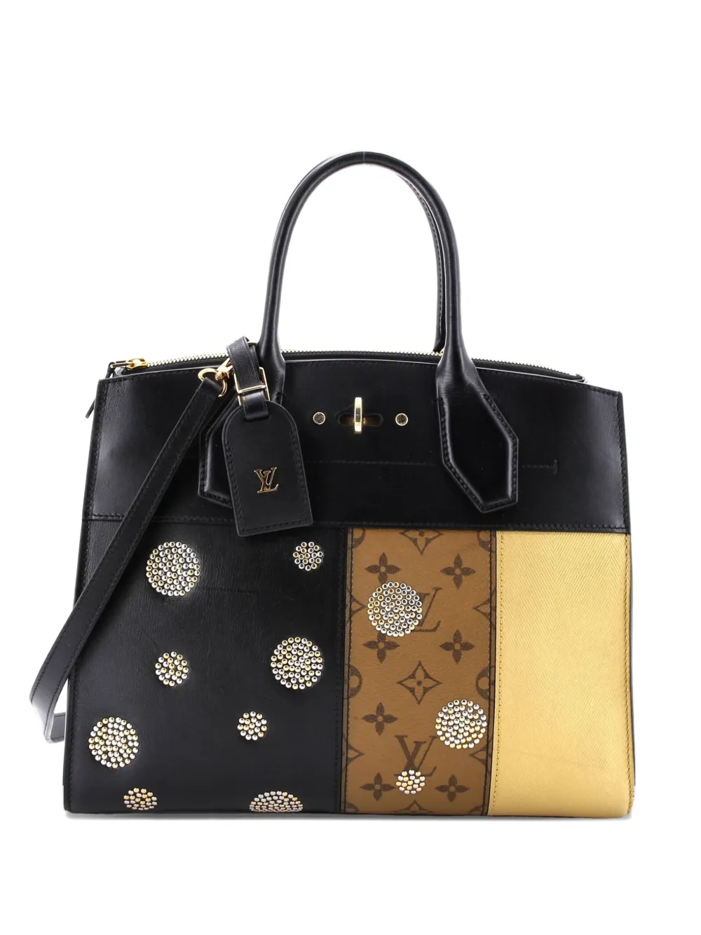 Pre-owned Louis Vuitton City Steamer Handbag Limited Edition Studded Reverse Monogram Canvas And Leather Mm Satchel In Black