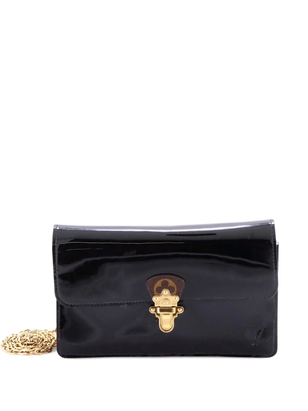 Pre-owned Louis Vuitton Cherrywood Chain Wallet Vernis With Monogram Canvas Crossbody Bag In Black
