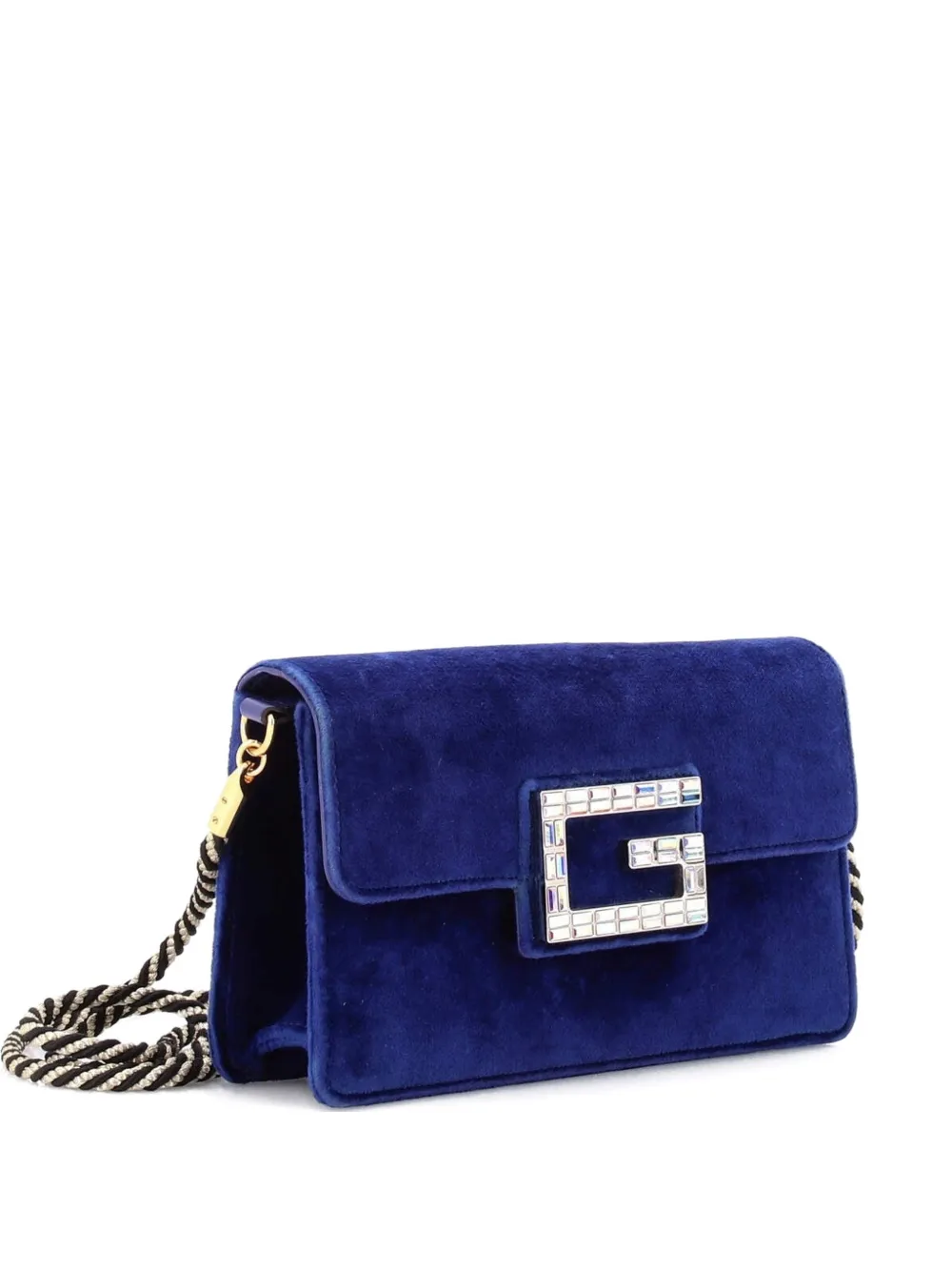 Pre-owned Gucci G Broadway Shoulder Bag Velvet With Crystals Small Crossbody Bag In Blue
