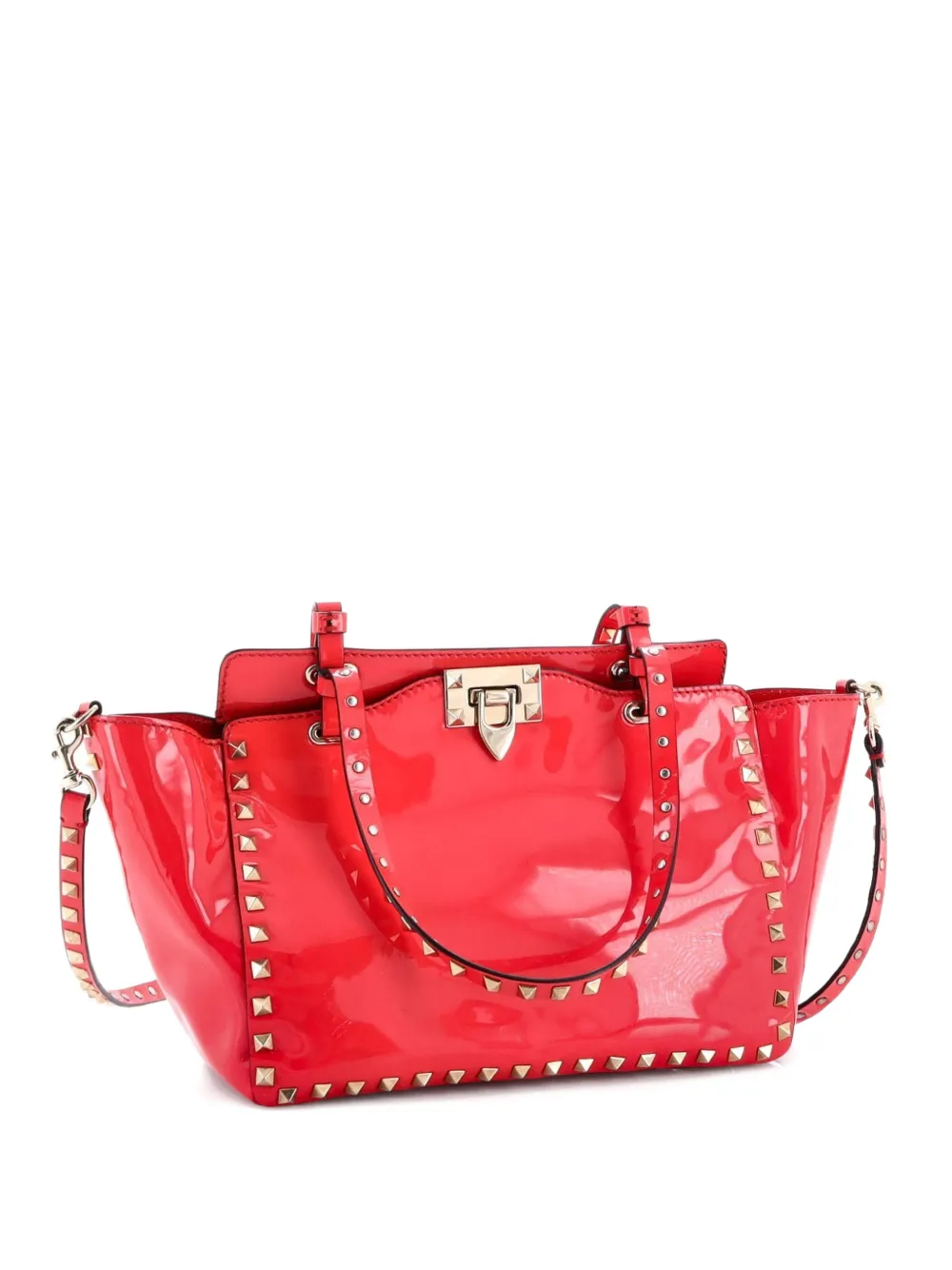 Pre-owned Valentino Garavani Rockstud Tote Soft Patent Medium Satchel In Red