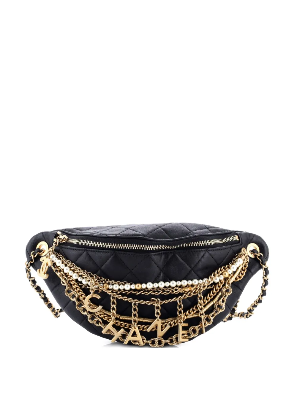 Pre-owned Chanel All About Chains Waist Bag Quilted Lambskin Belt Bag In Black