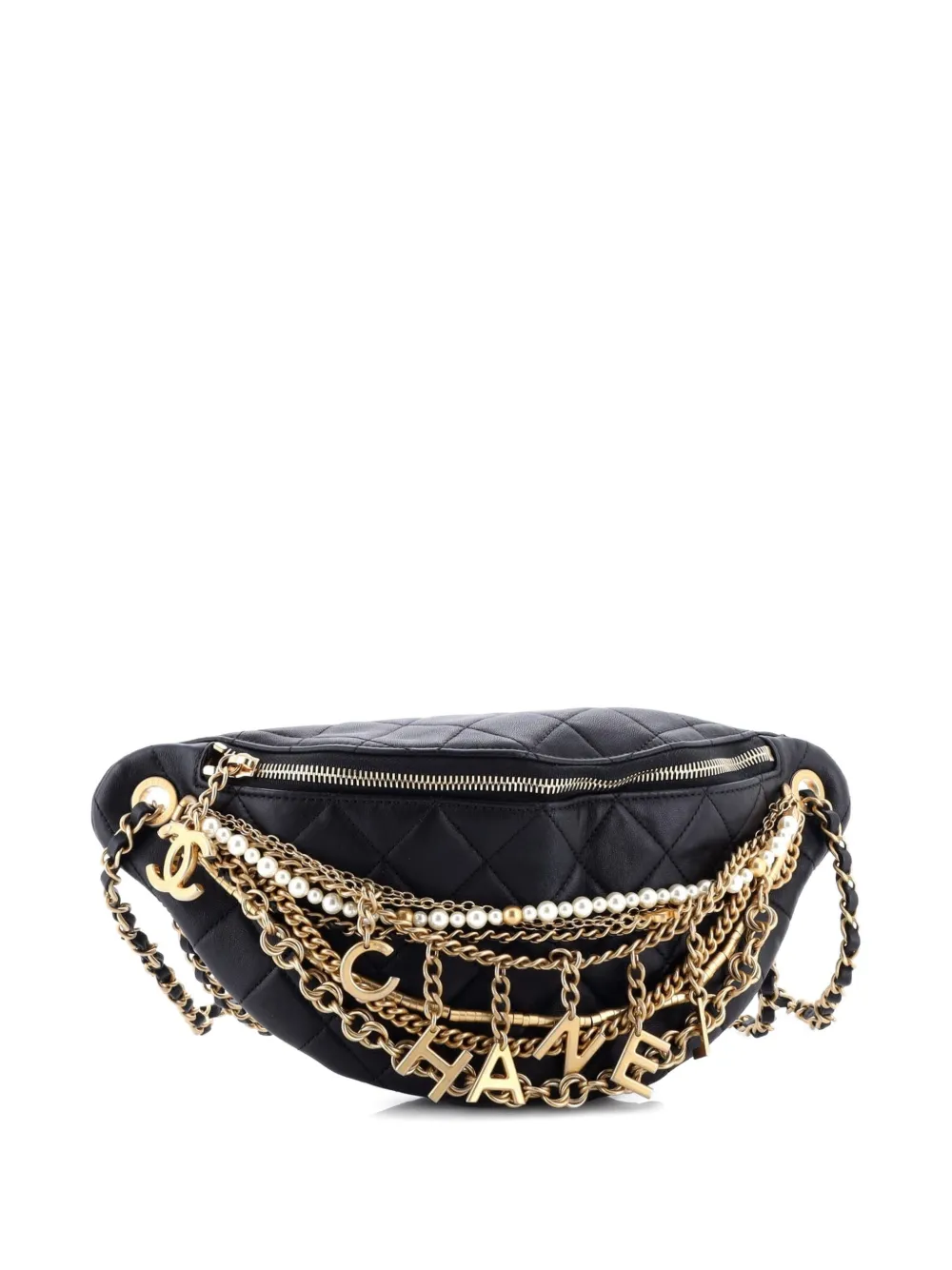 Pre-owned Chanel All About Chains Waist Bag Quilted Lambskin Belt Bag In Black