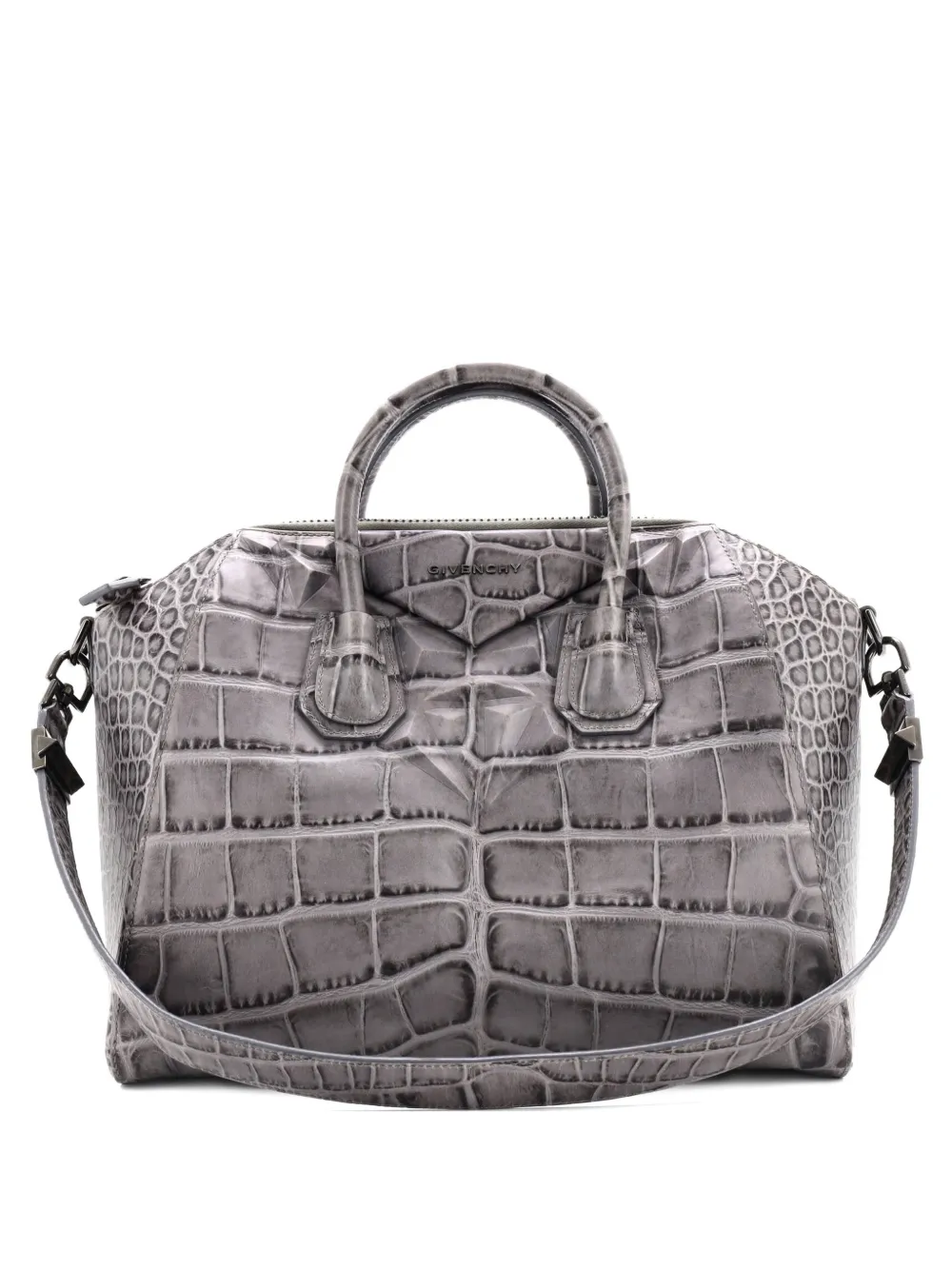 Pre-owned Givenchy Antigona Bag Crocodile Embossed Leather Medium Satchel In Gray