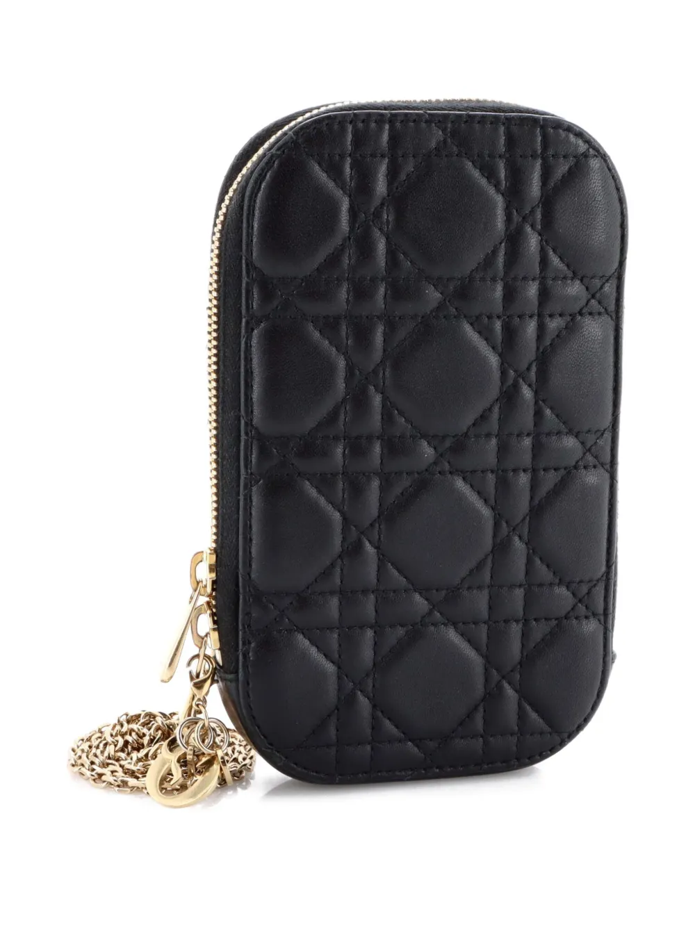 Pre-owned Dior Lady  Phone Holder On Chain Cannage Quilt Lambskin Crossbody Bag In Black