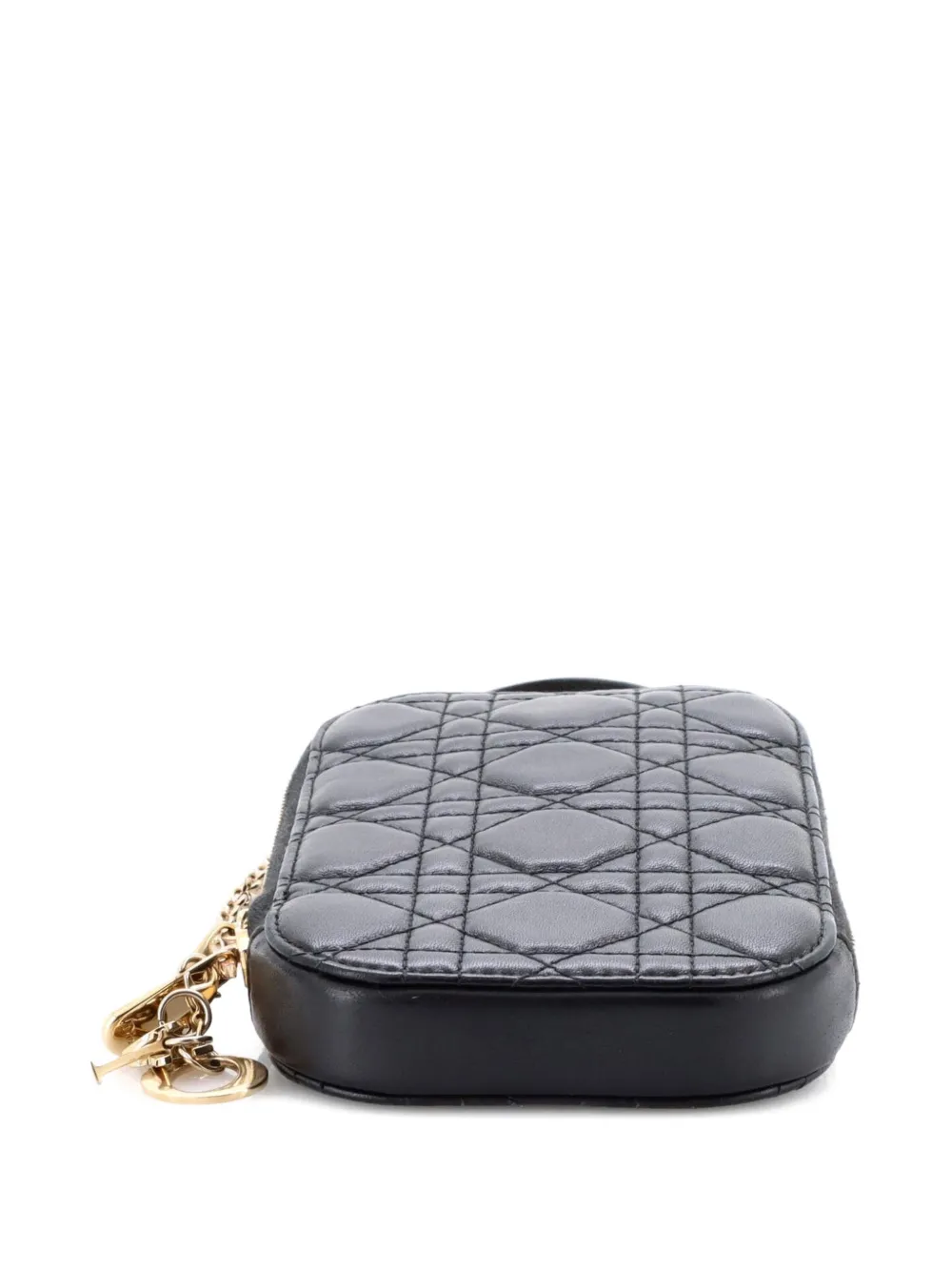 Pre-owned Dior Lady  Phone Holder On Chain Cannage Quilt Lambskin Crossbody Bag In Black