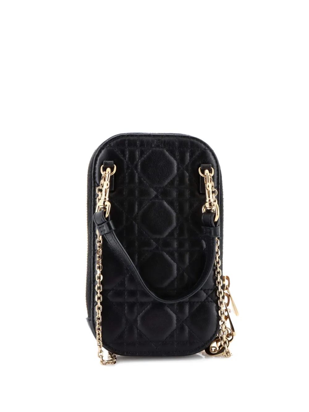 Pre-owned Dior Lady Phone Holder On Chain Cannage Quilt Lambskin Crossbody Bag In Black
