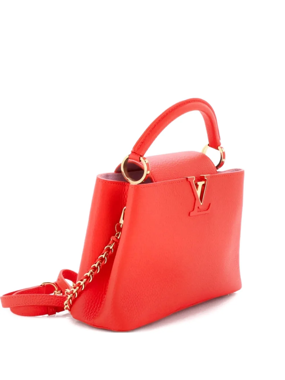 Pre-owned Louis Vuitton Braided Chain Capucines Bag Taurillion Leather Bb Satchel In Red