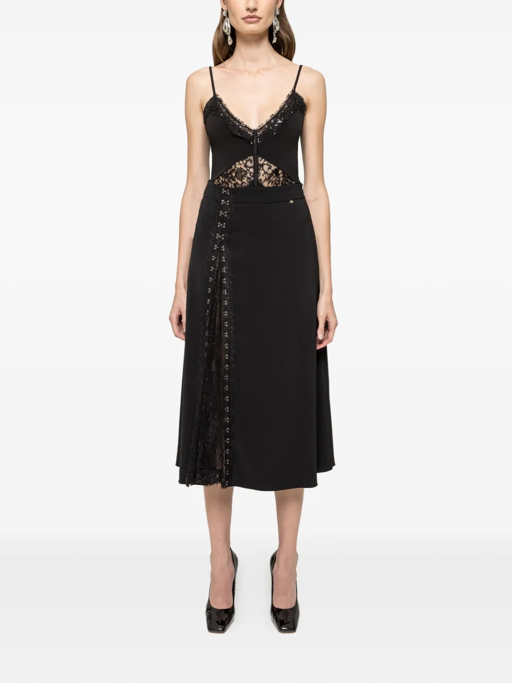 NISSA lace-trim midi kirt - Zwart