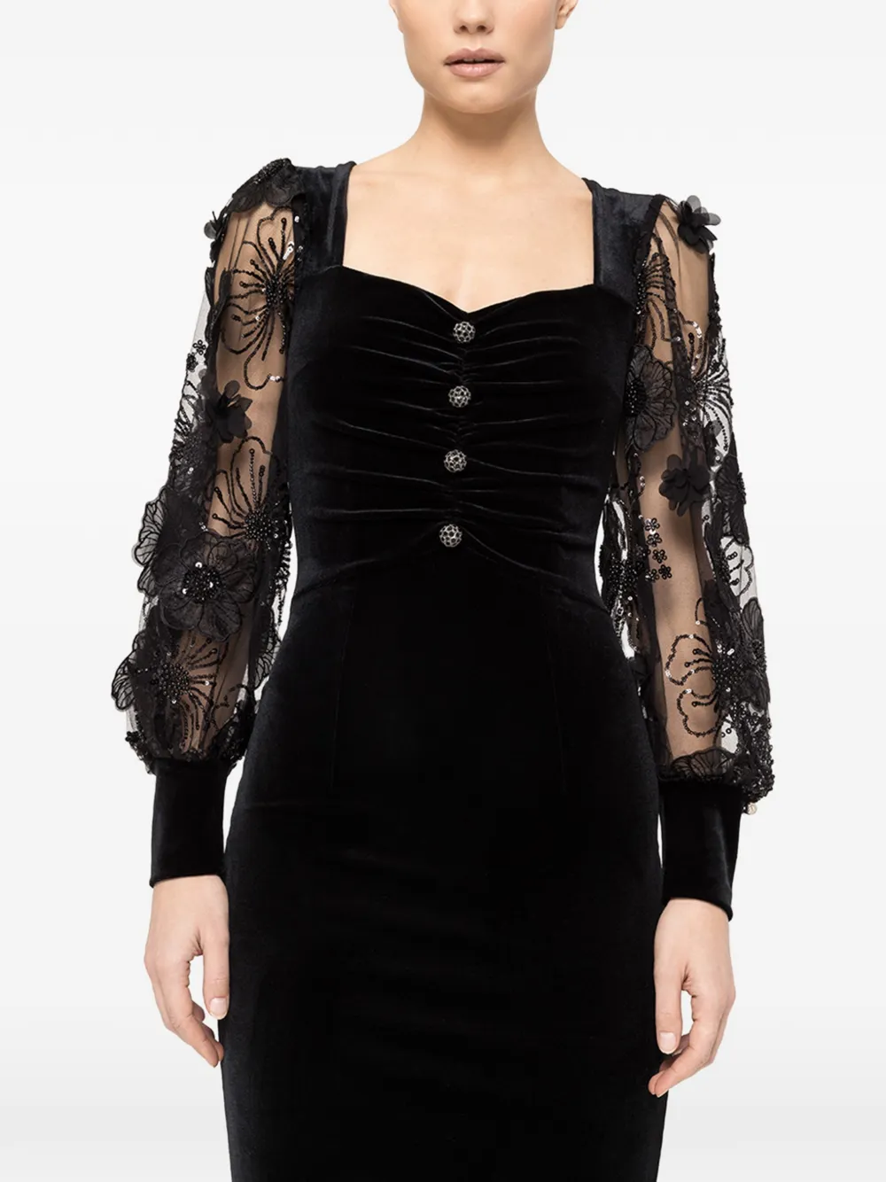 NISSA Fluwelen midi-jurk met 3D-bloemen Zwart