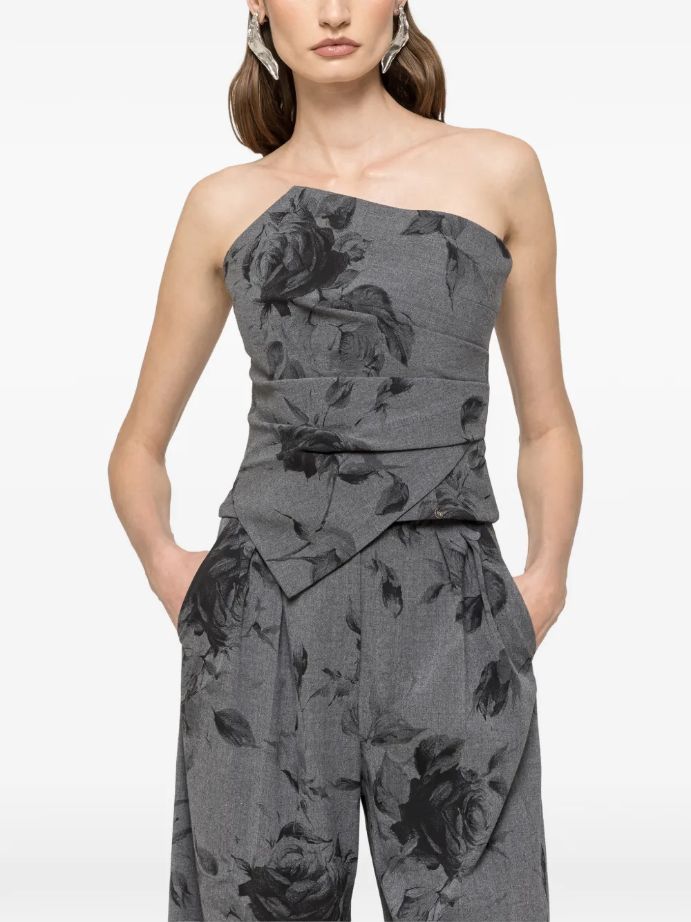 NISSA Broek met bloemenprint Grijs