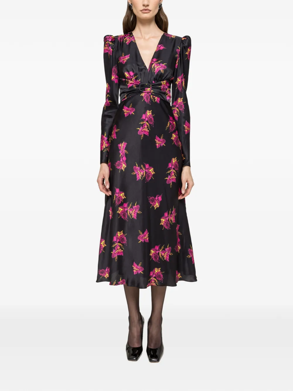 NISSA floral belted silk midi dress - Zwart