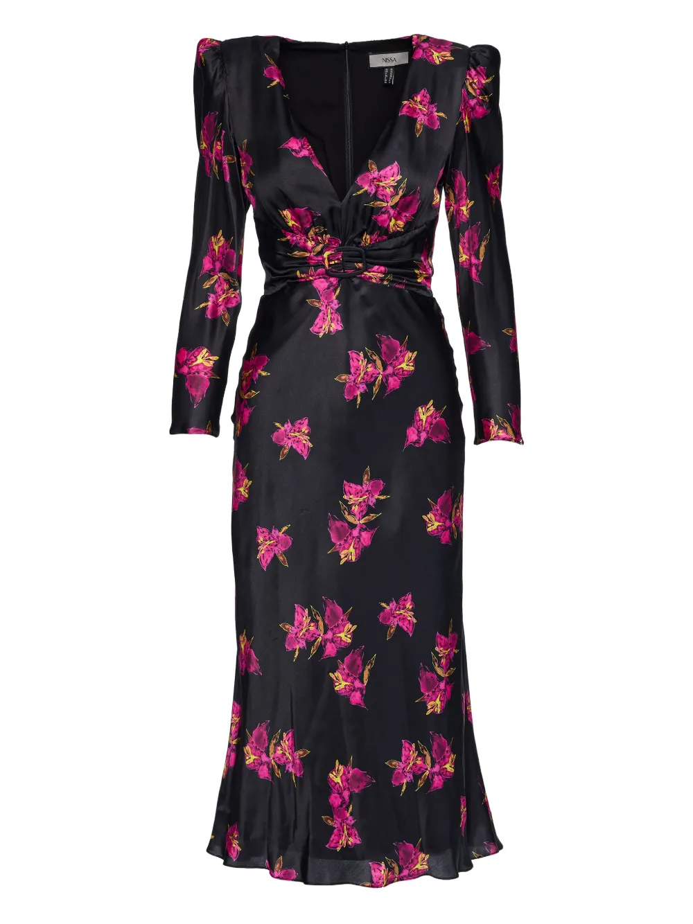 Nissa Floral Belted Silk Midi Dress In Multi